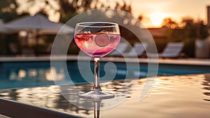 A glass with a popular Cosmopolitan cocktail on a table by outdoor pool, sunset in the evening. Summer refreshing