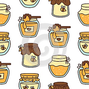 Glass pot full of honey. Seamless pattern