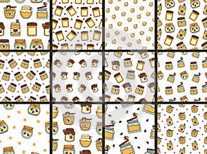 Glass pot full of honey. Seamless pattern