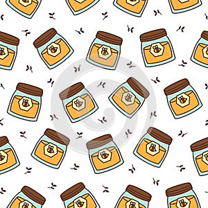 Glass pot full of honey. Seamless pattern