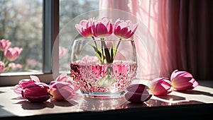 A glass pot of pink flowers tulip. AI Generated