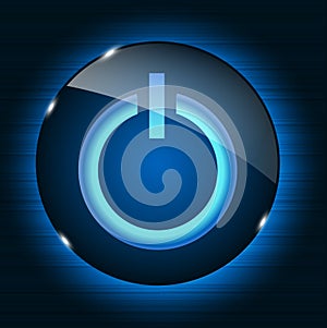 Glass power button icon on abstract background.