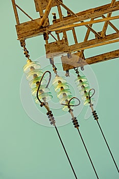 Glass power insulators on power-tower, detail