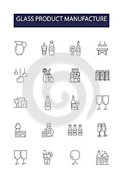 Glass product manufacture line vector icons and signs. Molding, Blowing, Cutting, Tempering, Engraving, Etching