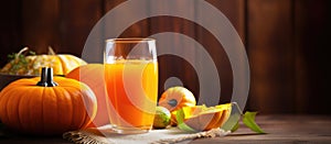 Pumpkin juice on wooden table near pumpkins, natural food