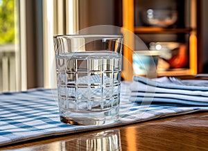 Glass of pure water on kitchen table. Created with Generative AI technology.