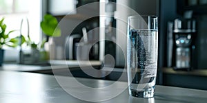 Glass of purified water with water filters in background symbolizing household filtration system .