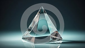 A glass pyramid on a blurred background is illuminated by a cool light in the studio