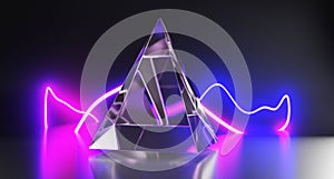 Glass pyramid with neon wave light lines on abstract black background 3d render. Transparent crystal triangle of