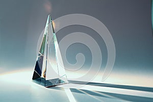 Glass pyramid prism with colorful sunlight reflection on background with copy space