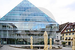 Glass pyramid in Ulm, library of Ulm, medieval city with modern elements, Baden-Wuerttemberg, South Germany