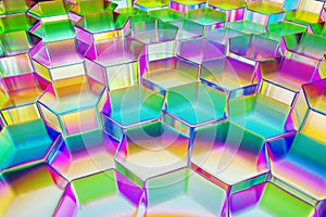 Glass rainbow hexagons, colorful geometric crystals. Abstract background