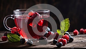 A glass of raspberry tea with berries and leaves