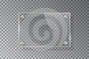 Glass rectangle plate isolated on transparent background. Vector realistic acrylic frame with steel rivets