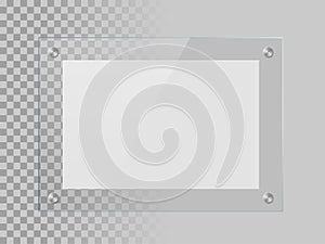 Glass rectangle plate isolated on transparent background. Vector realistic acrylic frame with steel rivets