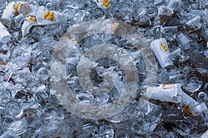 Glass recycling, broken bottle glass. Sorting area. Recycling area. Clean environment