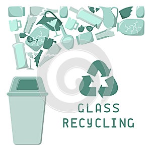 Glass recycling card with glass trash, dumpster and lettering