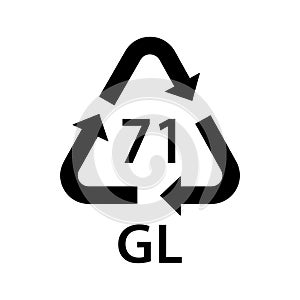 glass recycling code GL 71, clear glass symbol, ecology recycling sign, identification code, package waste black fill