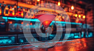 Glass of red alcoholic cocktail on bar counter in night club.Macro.AI Generative