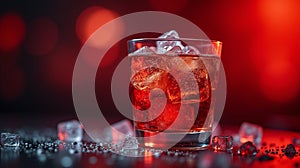 A glass of red beverage filled with ice cubes on a blurred background