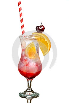 A glass with red cocktail, decorated with orange and cherry, with a straw inside the glass, long drink