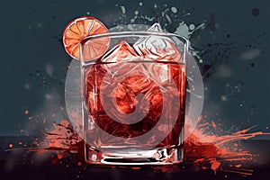 Glass of red cocktail with ice cubes illustration. Generate ai