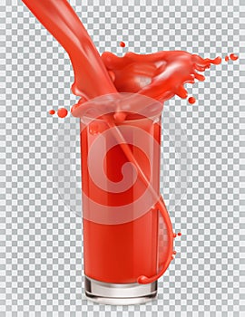 Glass of red juice and a splash. Tomato, Strawberries. Vector icon