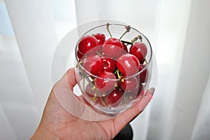 glass with red juicy cherries in hand