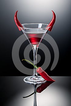 Glass of red martini decorated with chili pepper