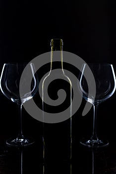 Glass of red and pink wine on a black background. Wine list menu. Close up of the power of glasses and bottles in low key