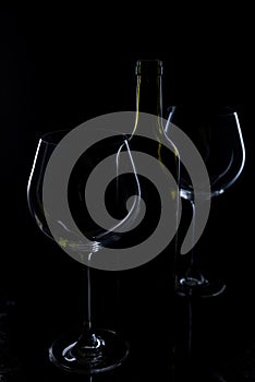 Glass of red and pink wine on a black background. Wine list menu. Close up of the power of glasses and bottles in low key