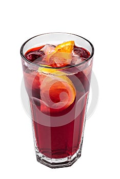 Glass of red refreshing lemonade. Summer drink with sliced lemon, cherry and ice cubes isolated on a white background