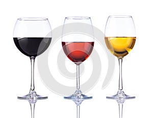 Glass Red, Rose and White Wine Isolated on White Background