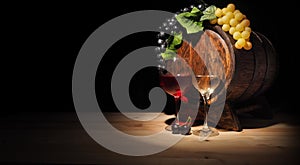 Glass of red , white wine and barrel on wooden table