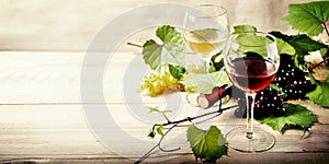 Glass of red and white wine, bottle and grape vine on vintage wooden table.