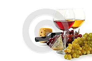 Glass of red and white wine, cheeses and grapes isolated on a white