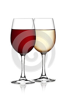 Glass of red and white wine on a white background