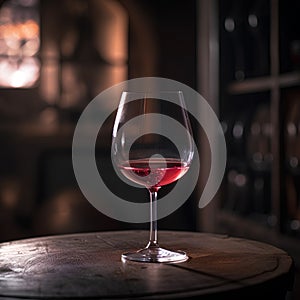 Glass of red wine on background winery cellar