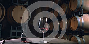 Glass of red wine on background of wooden oak barrels in cellar of winery