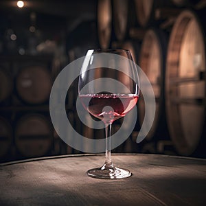 Glass of red wine on background of wooden oak barrels in cellar of winery