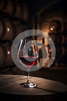 Glass of red wine on background of wooden oak barrels in cellar of winery