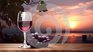 glass of red wine and blue grapes on white wooden table background. generative ai