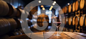 Glass of red wine with a blurred background of cellar, wine-vault with barrels. Generative AI