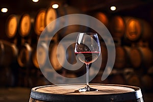 Glass of red wine with a blurred background of cellar, wine-vault with barrels photo