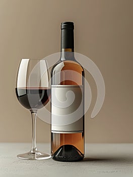 A glass of red wine with a bottle. Blank wine bottle label template