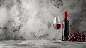 A glass of red wine, a bottle and a bunch grapes against the background of a table and a gray marble wall. Copy space.