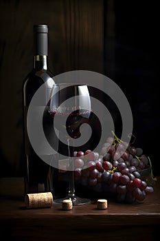 Glass of red wine with bottle and grapes on brown wooden background, Generative AI