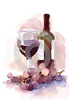 Glass of Red Wine Bottle and Grapes Watercolor Illustration Hand Drawn