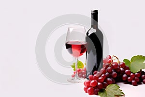 Glass of red wine, bottle and grapes on white background with copy space