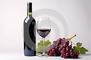 Glass of red wine, bottle and grapes on white background